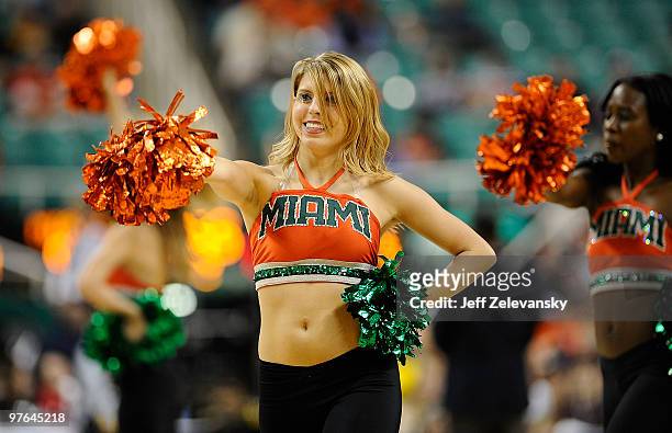 The University of Miami Hurricanes cheerleaders perform during a game against the Wake Forest Demon Deacons during their first round game in the 2010...