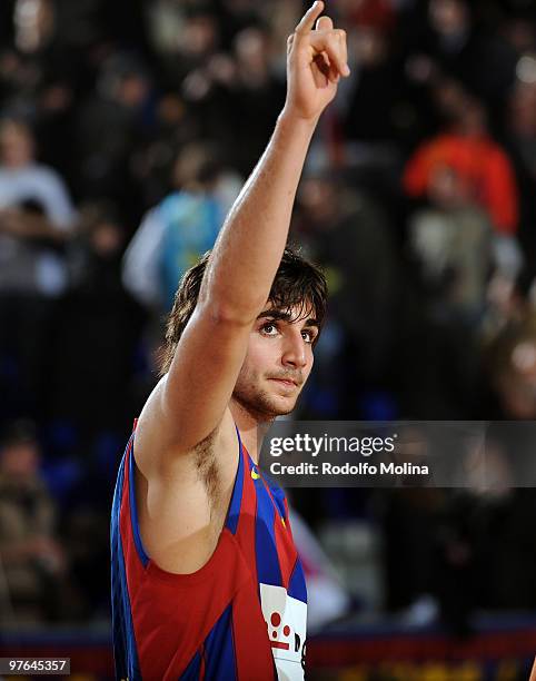 Ricky Rubio, #9 of Regal FC Barcelona celebrates at the end of the Euroleague Basketball 2009-2010 Last 16 Game 6 between Regal FC Barcelona vs...