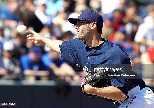 Relief pitcher Craig Italiano of the San Diego Padres pitches against the Chicago Cubs during the MLB spring training game at Peoria Stadium on March...