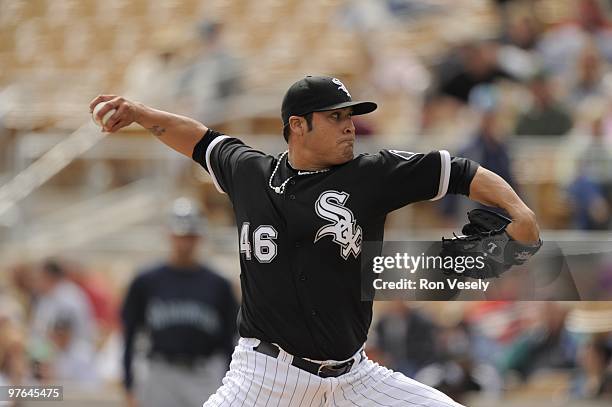 Sergio Santos of the Chicago White Sox pitches during a spring training game against the Seattle Mariners on March 8, 2010 at The Ballpark at...