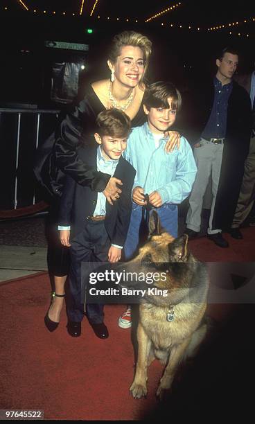 Lorraine Bracco, Joe Mazzello and Elijah Wood with 'Shane the Dog' at the premiere for Radio Flyer in Los Angeles on February 20, 1992