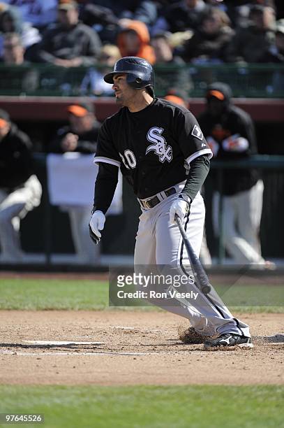 Carlos Quentin of the Chicago White Sox bats during a spring training game against the San Francisco Giants on March 9, 2010 at Scottsdale Stadium,...