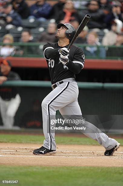 Carlos Quentin of the Chicago White Sox bats during a spring training game against the San Francisco Giants on March 9, 2010 at Scottsdale Stadium,...