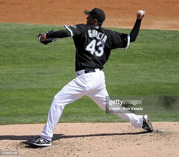 Freddy Garcia of the Chicago White Sox pitches against the Cleveland Indians during a spring training game on March 11, 2010 at The Ballpark at...