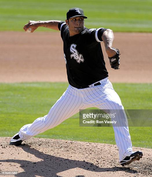 Sergio Santos of the Chicago White Sox pitches against the Cleveland Indians during a spring training game on March 11, 2010 at The Ballpark at...