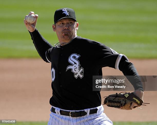 Putz of the Chicago White Sox pitches against the Cleveland Indians during a spring training game on March 11, 2010 at The Ballpark at Camelback...