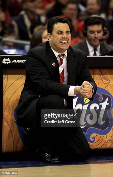 Arizona Wildcats head coach Sean Miller calls out a play against the UCLA Bruins during the Quarterfinals of the Pac-10 Basketball Tournament at...