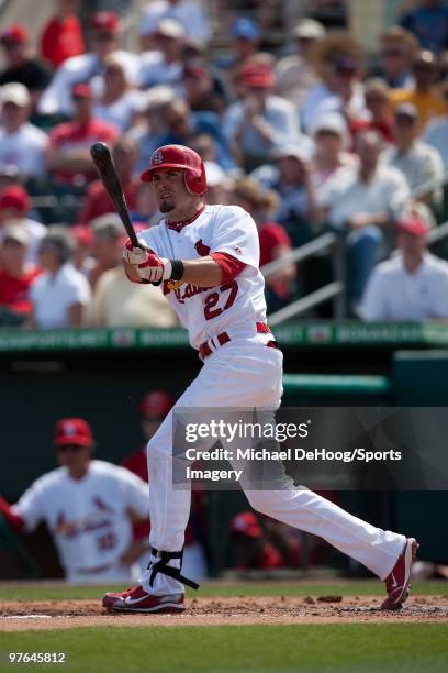 Tyler Greene of the St. Louis Cardinals bats against the Washington Nationals at Roger Dean Stadium on March 10, 2010 in Jupiter, Florida.