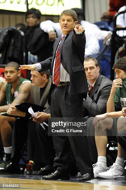 Head coach Bobby Lutz of the Charlotte 49ers watches the game against the George Washington Colonials on February 27, 2010 at the Smith Center in...