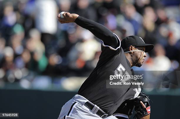 Tony Pena of the Chicago White Sox pitches during a spring training game against the San Francisco Giants on March 9, 2010 at Scottsdale Stadium,...