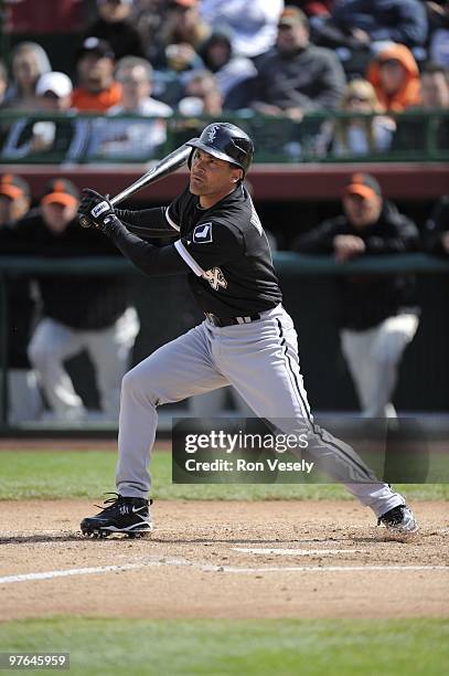 Omar Vizquel of the Chicago White Sox bats during a spring training game against the San Francisco Giants on March 9, 2010 at Scottsdale Stadium,...