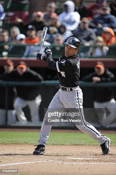 Omar Vizquel of the Chicago White Sox bats during a spring training game against the San Francisco Giants on March 9, 2010 at Scottsdale Stadium,...