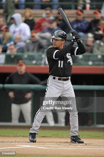 Omar Vizquel of the Chicago White Sox bats during a spring training game against the San Francisco Giants on March 9, 2010 at Scottsdale Stadium,...