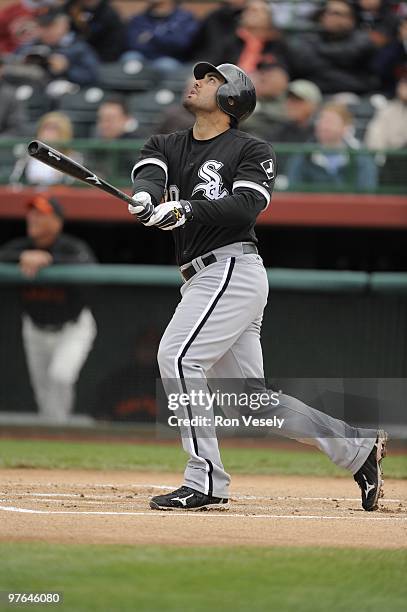 Carlos Quentin of the Chicago White Sox bats during a spring training game against the San Francisco Giants on March 9, 2010 at Scottsdale Stadium,...