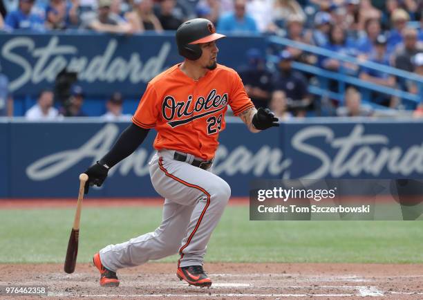 Jace Peterson of the Baltimore Orioles bats in the tenth inning during MLB game action against the Toronto Blue Jays at Rogers Centre on June 9, 2018...