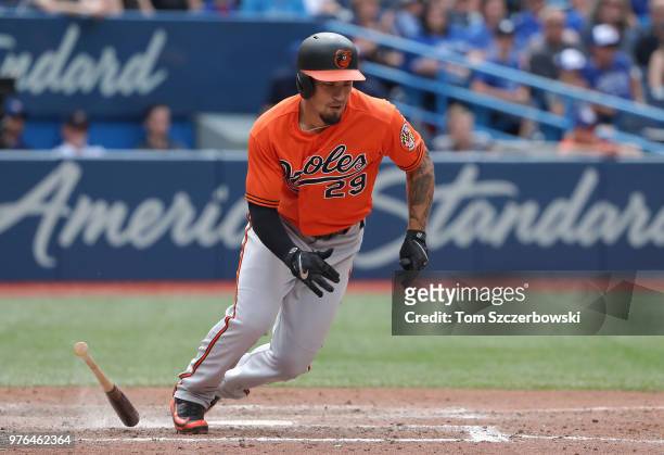 Jace Peterson of the Baltimore Orioles grounds out in the tenth inning during MLB game action against the Toronto Blue Jays at Rogers Centre on June...