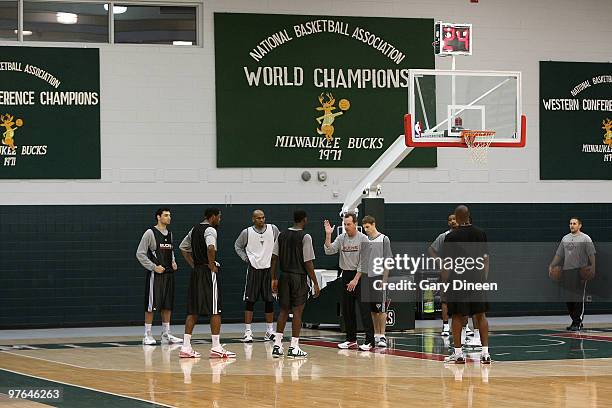 Milwaukee Bucks assistant coach Jim Boylan instructs players during practice on March 11, 2010 at the Bucks Training Center in Milwaukee, Wisconsin....