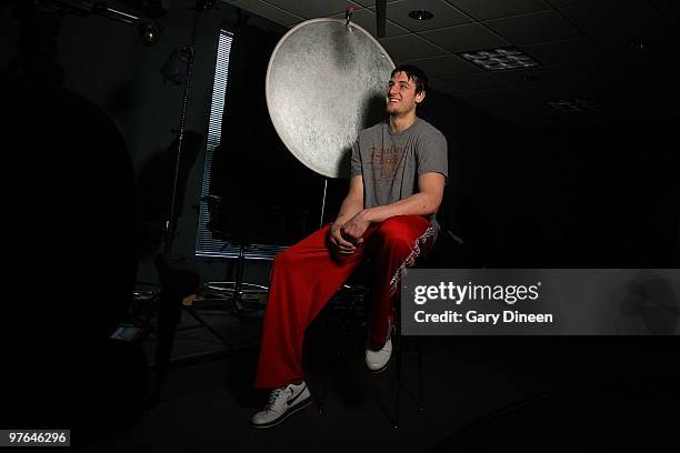 Andrew Bogut of the Milwaukee Bucks participates in an interview following practice on March 11, 2010 at the Bucks Training Center in Milwaukee,...