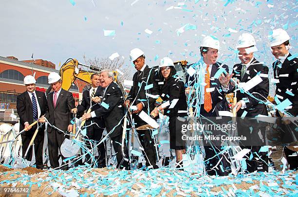 Real estate developer Bruce Ratner, New York City Mayor Michael Bloomberg, New York State Governor David Paterson, Brooklyn Borough President Marty...