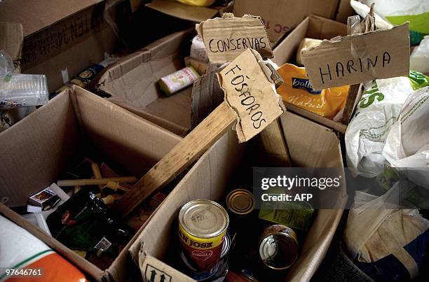 Food aid to be distributed in the devastated village of Constitucion, some 350 km south of Santiago on March 11, 2010. A 6.9-magnitude aftershock and...