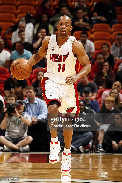 Rafer Alston of the Miami Heat moves the ball up court during the game against the Golden State Warriors at American Airlines Arena on March 2, 2010...