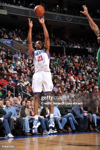 Thaddeus Young of the Philadelphia 76ers shoots a jump shot during the game against the Boston Celtics at Wachovia Center on March 5, 2010 in...