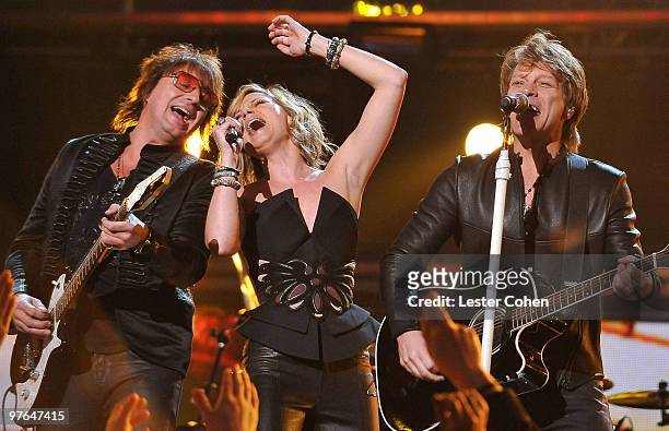 Musician Richie Sambora, singer Jennifer Nettles of Sugarland and musician Jon Bon Jovi perform onstage at the 52nd Annual GRAMMY Awards held at...