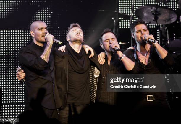 Shane Lynch, Ronan Keating, Mikey Graham and Keith Duffy of Boyzone perform together for the first time without the late Stephen Gately at Royal...