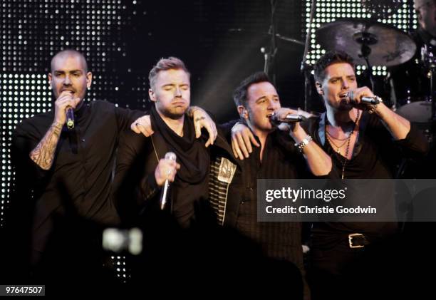 Shane Lynch, Ronan Keating, Mikey Graham and Keith Duffy of Boyzone perform together for the first time without the late Stephen Gately at Royal...