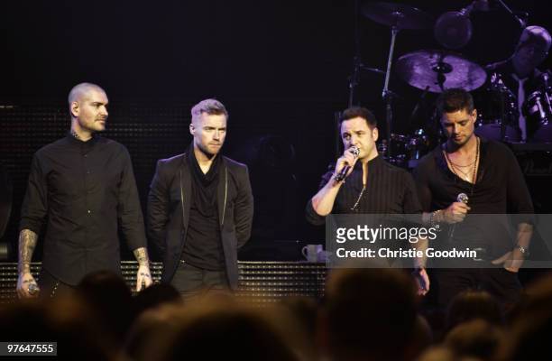Shane Lynch, Ronan Keating, Mikey Graham and Keith Duffy of Boyzone perform together for the first time without the late Stephen Gately at Royal...