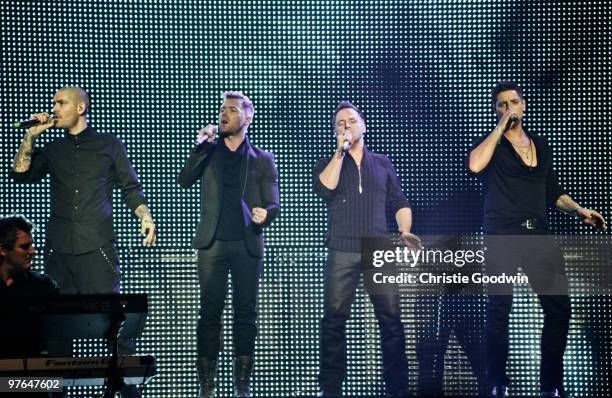 Shane Lynch, Ronan Keating, Mikey Graham and Keith Duffy of Boyzone perform together for the first time without the late Stephen Gately at Royal...