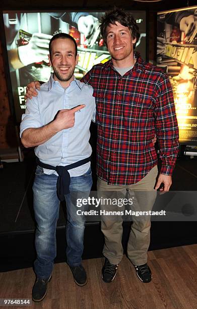 Alpine skier Christian Deville and Jimmy Cochran attend the Voelkl Race Night on March 11, 2010 in Garmisch-Partenkirchen, Germany.