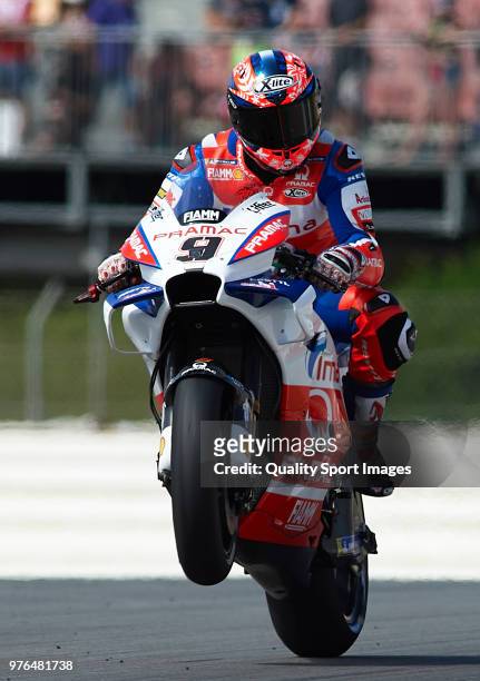 Danilo Petrucci of Italy and Alma Pramac Racing lifts the front wheel during free practice for the MotoGP of Catalunya at Circuit de Catalunya on at...