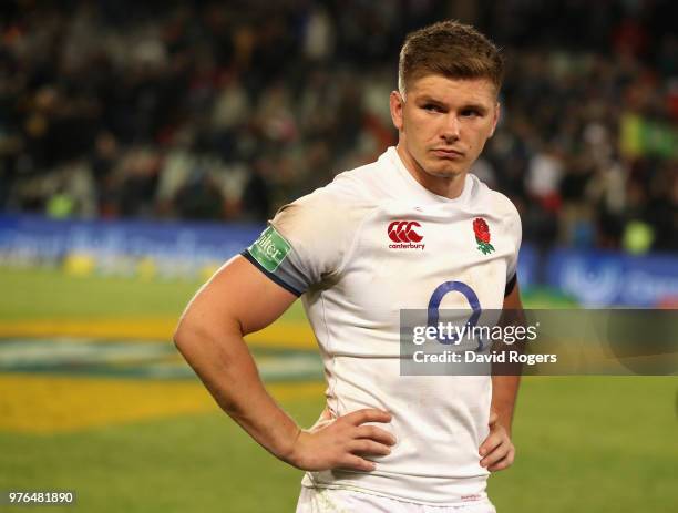 England captain, Owen Farrell looks dejected during the second test match between South Africa and England at Toyota Stadium on June 16, 2018 in...