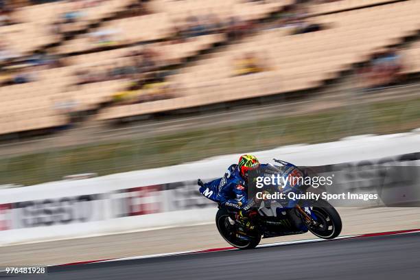 Maverick Vinales of Spain and Movistar Yamaha MotoGP rides during free practice for the MotoGP of Catalunya at Circuit de Catalunya on at Circuit de...