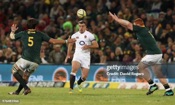 George Ford of England clears the ball upfield during the second test match between South Africa and England at Toyota Stadium on June 16, 2018 in...