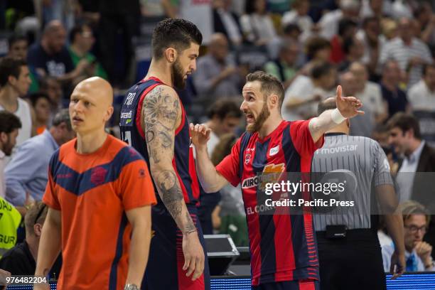 Vincent Poirier and Marcelinho Huertas during Real Madrid victory over Kirolbet Baskonia in Liga Endesa playoff finals celebrated in Madrid at Wizink...