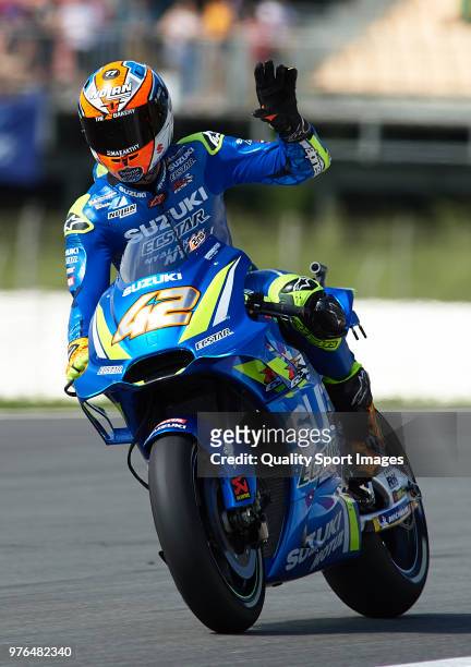 Alex Rins of Spain and Team Suzuki Ecstar greets the fans during free practice for the MotoGP of Catalunya at Circuit de Catalunya on at Circuit de...