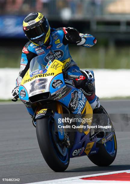 Thomas Luthi of Switzerland and Team EG 0,0 Marc VDS greets the fans during free practice for the MotoGP of Catalunya at Circuit de Catalunya on at...
