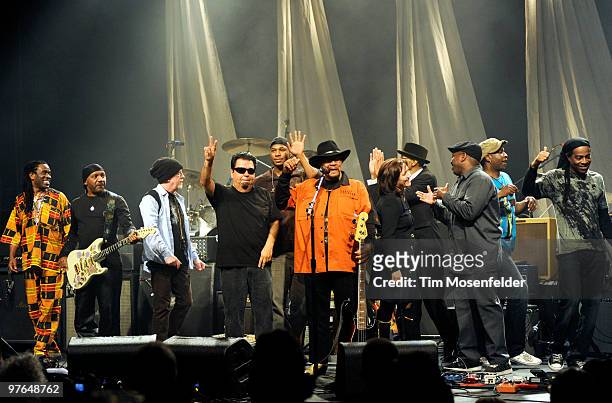 Cast Members of the Experience Hendrix Tribute perform a curtain call at The Warfield Theater on March 10, 2010 in San Francisco, California.