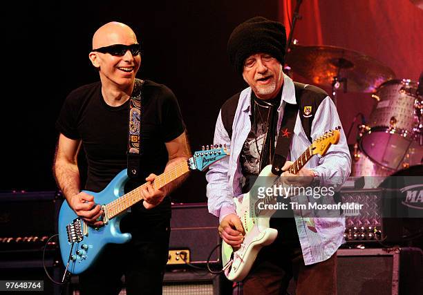 Joe Satriani and Brad Whitford perform as part of the Experience Hendrix Tribute at The Warfield Theater on March 10, 2010 in San Francisco,...
