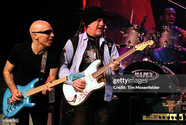 Joe Satriani and Brad Whitford perform as part of the Experience Hendrix Tribute at The Warfield Theater on March 10, 2010 in San Francisco,...