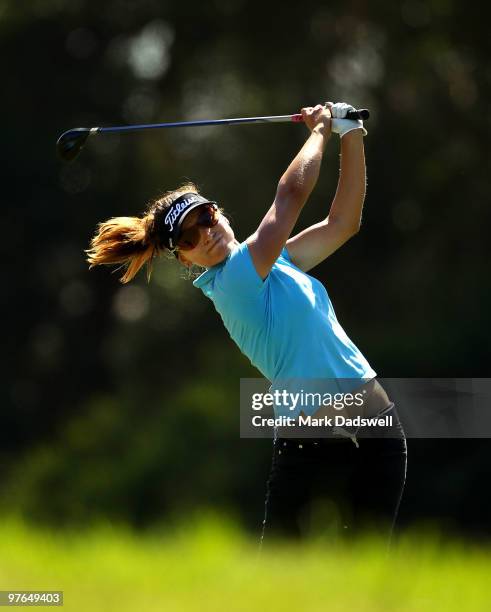 Stefanie Michl of Austria plays a fairway wood on the sixth hole during round two of the 2010 Women's Australian Open at The Commonwealth Golf Club...