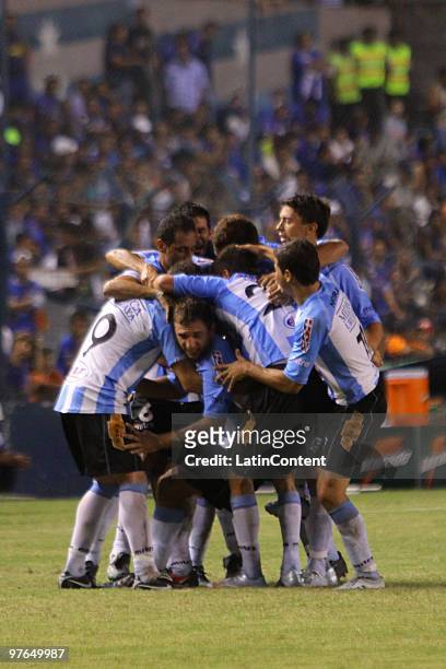 Players of Cerro celebrate scored goal against Emelec during a match as part of the Libertadores Cup 2010 at the George Capwell Stadium on March 11,...