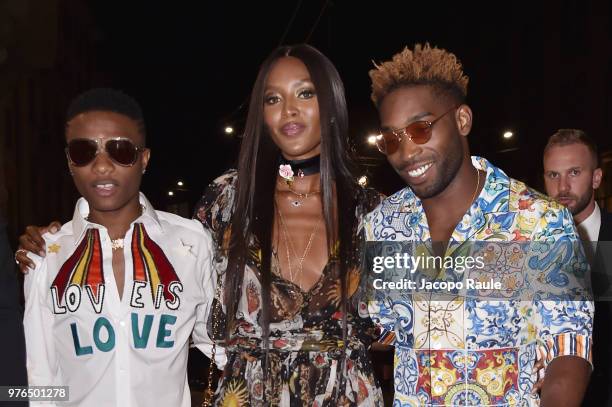 Naomi Campbell, Wiz Kid and Tinie Tempah attend Dolce & Gabbana Naked King secret show at Milan Men's Fashion Week Spring/Summer 2019 on June 16,...