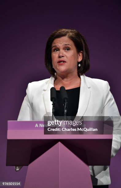Sinn Fein president Mary Lou McDonald makes her keynote speech during the Sinn Fein Ard Fheis at Waterfront Hall on June 16, 2018 in Belfast,...