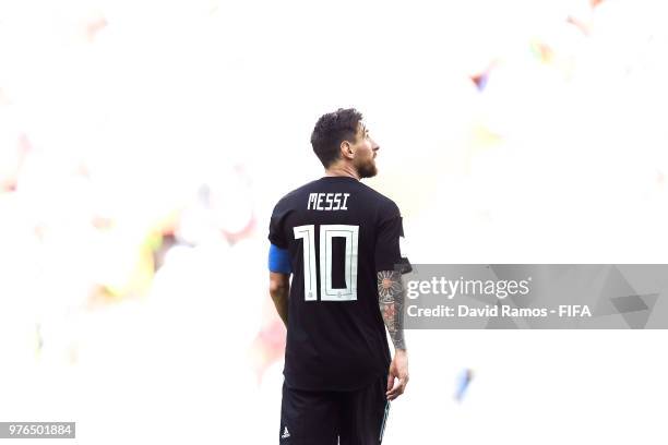 Lionel Messi of Argentina looks on during the 2018 FIFA World Cup Russia group D match between Argentina and Iceland at Spartak Stadium on June 16,...