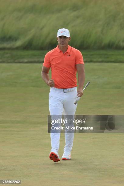 Brooks Koepka of the United States reacts on the 14th green during the third round of the 2018 U.S. Open at Shinnecock Hills Golf Club on June 16,...