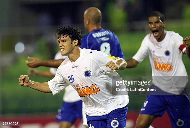 Kleber Giacomazzi of Brazil?s Cruzeiro celebrates scored goal against Venezuela?s Deportivo Italia during a match as part of the Libertadores Cup...