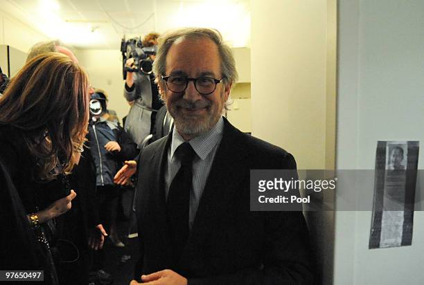 Filmmaker Steven Spielberg walks through the White House Brady Briefing Room March 11, 2010 in Washington, DC. Spielberg and Tom Hanks, executive...
